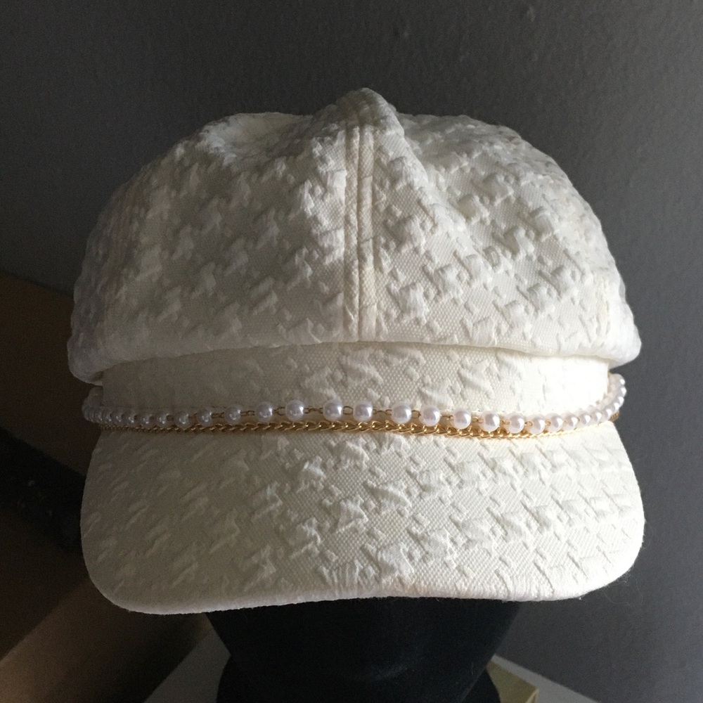 Cream Pearl & Gold Chain Textured Cap - Women Accessories